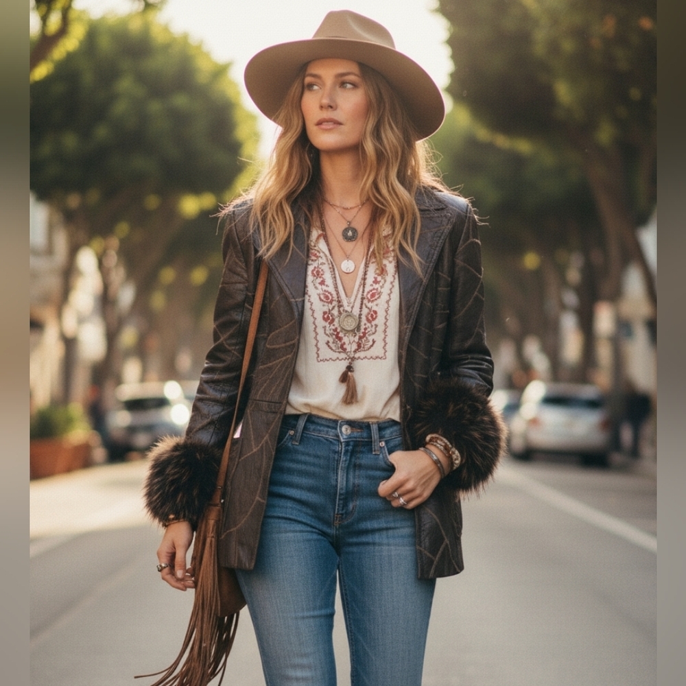 Vintage Patchwork Leather Blazer w/ Statement Fur Cuffs – Boho Rocker Penny Lane